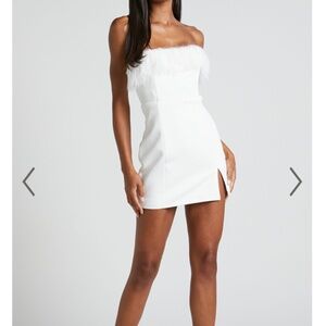 SHOWPO Rhaiza Mini Dress Faux Feather Trim Strapless Dress Women's 4